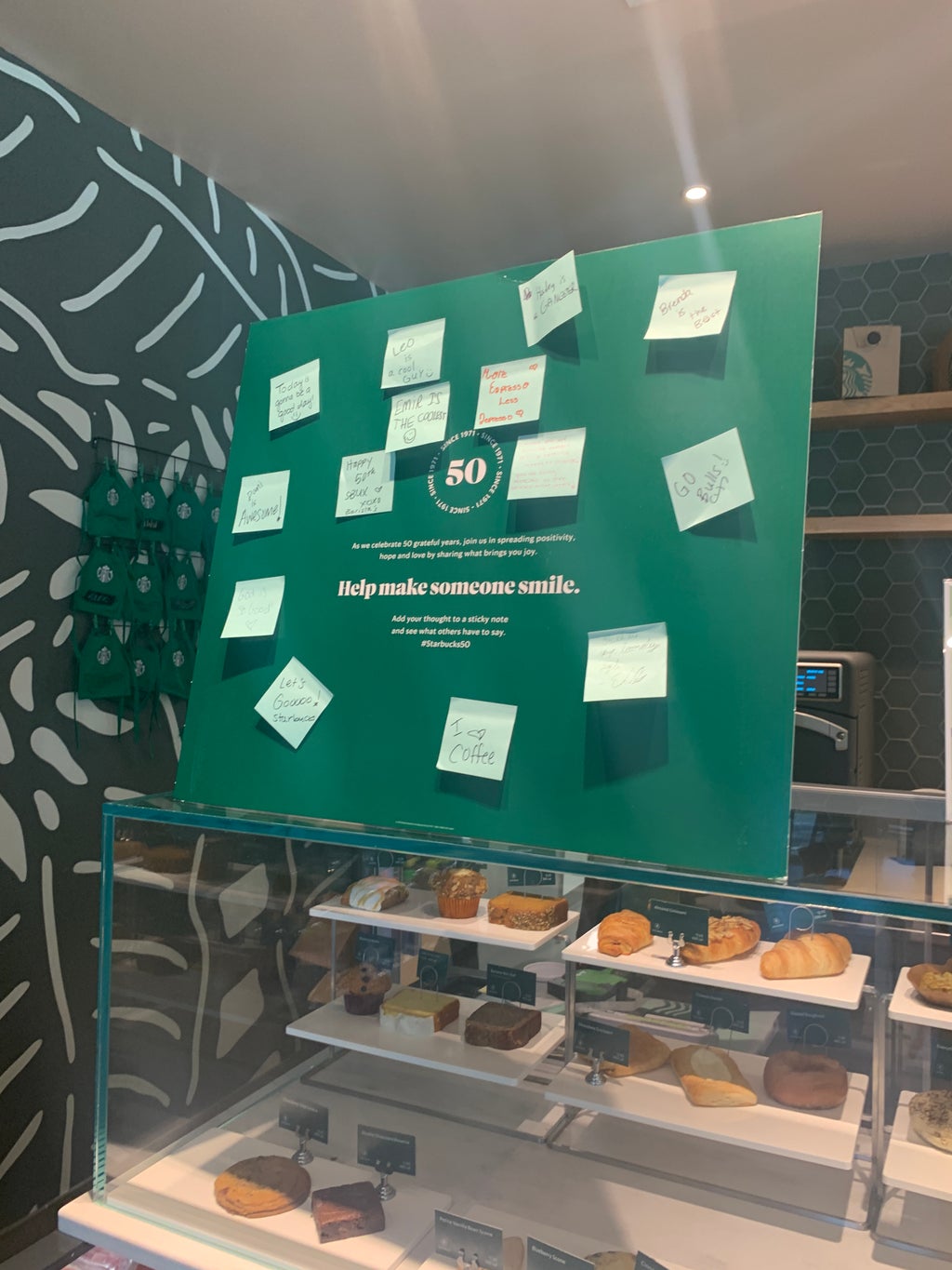 Sign at Starbucks to celebrate the 50th anniversary by spreading kind messages.