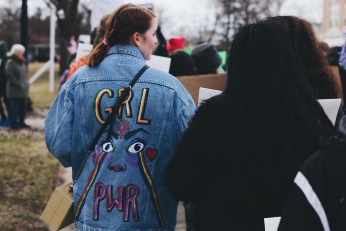 Girl power jacket at a women\'s march in Holland.
