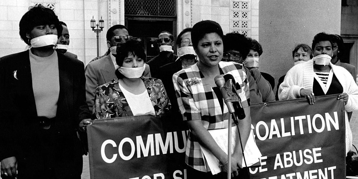 older picture of karen bass speaking out against oppression