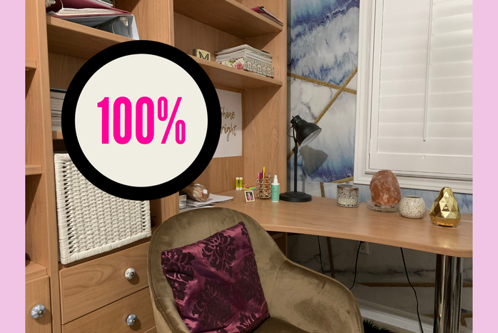 At-home study space with an icon that reads \"100%\"