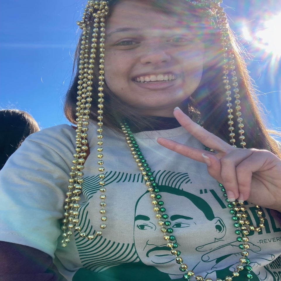 My gold-green beaded ensemble for the Martin Luther King Jr. Day parade.