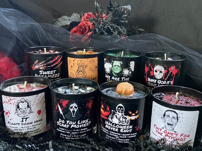 Horror movie candles, Halloween candles, spooky basket