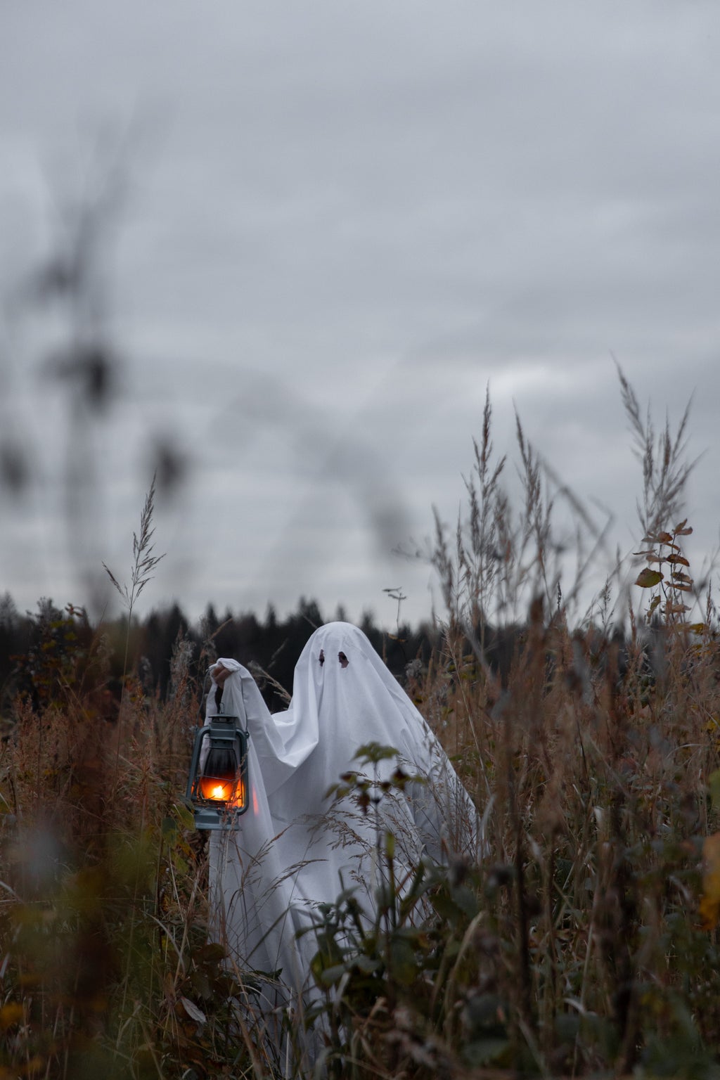 person in ghost costume holding a lantern in a field