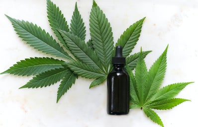 Essential oil on top of cannabis leaves