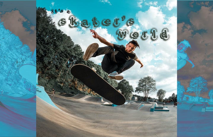 A photo of a skater doing a trick on a skateboard with edits done by myself of fun text and colors.