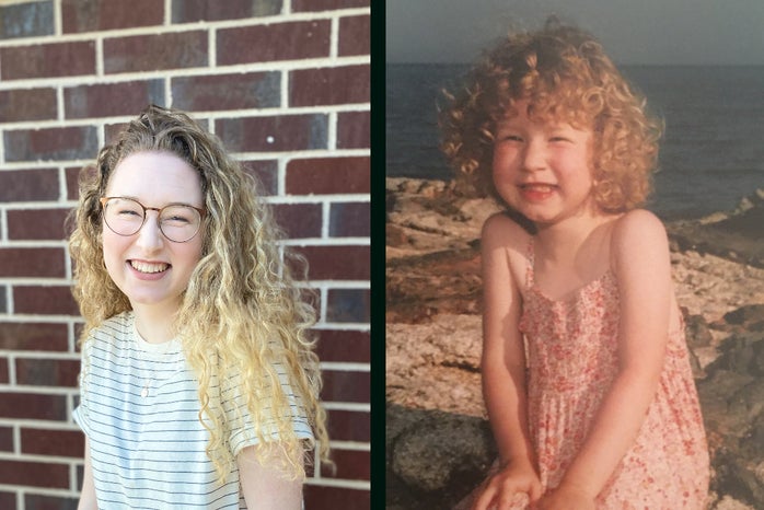 2 images put together to create one--one of me currently with long blond curly hair and one of me when I was 4 with short blond curly hair