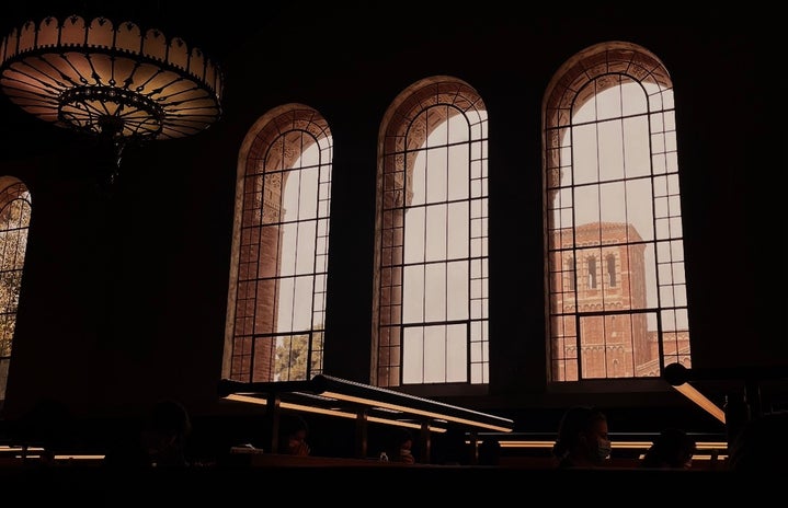 The inside of Powell Library at UCLA, mostly emphasizing the windows and light fixture