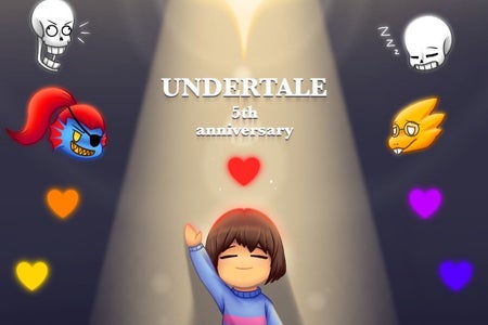 Young Child with thier hand up, rainbow clored flowers surround them, animals and two human heads float above smiling, the word "UNDERTALE" is written in the middle.