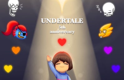 Young Child with thier hand up, rainbow clored flowers surround them, animals and two human heads float above smiling, the word \"UNDERTALE\" is written in the middle.