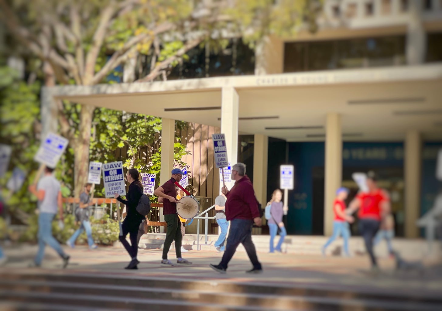 (blurred) picture of striking protestors at UCLA