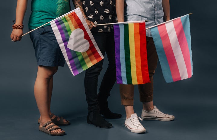 three people holding flags