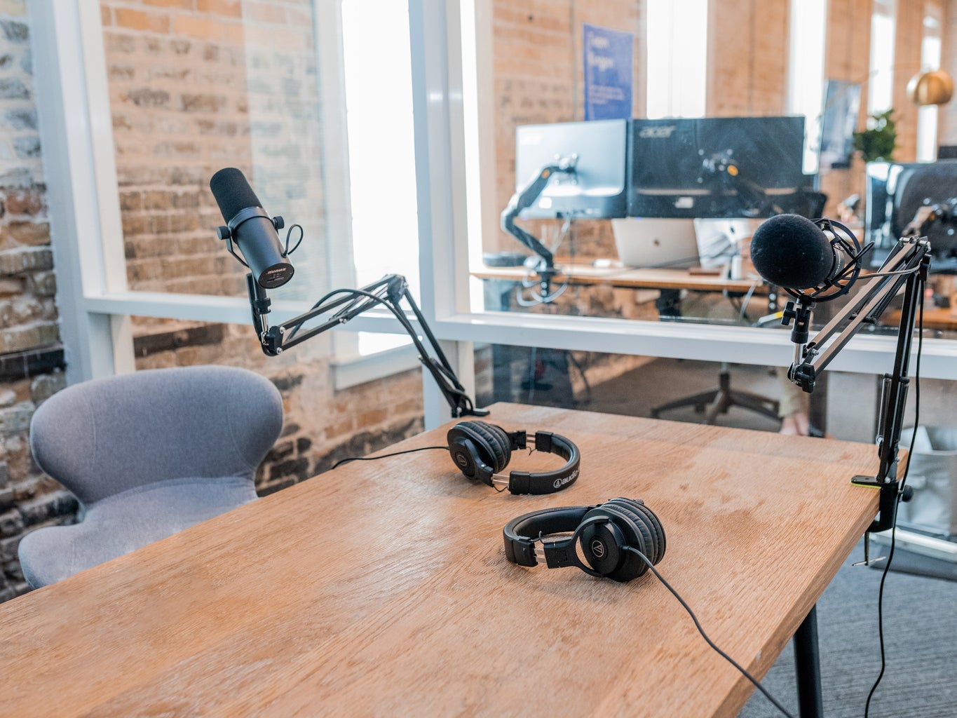 podcast setup on a wooden table