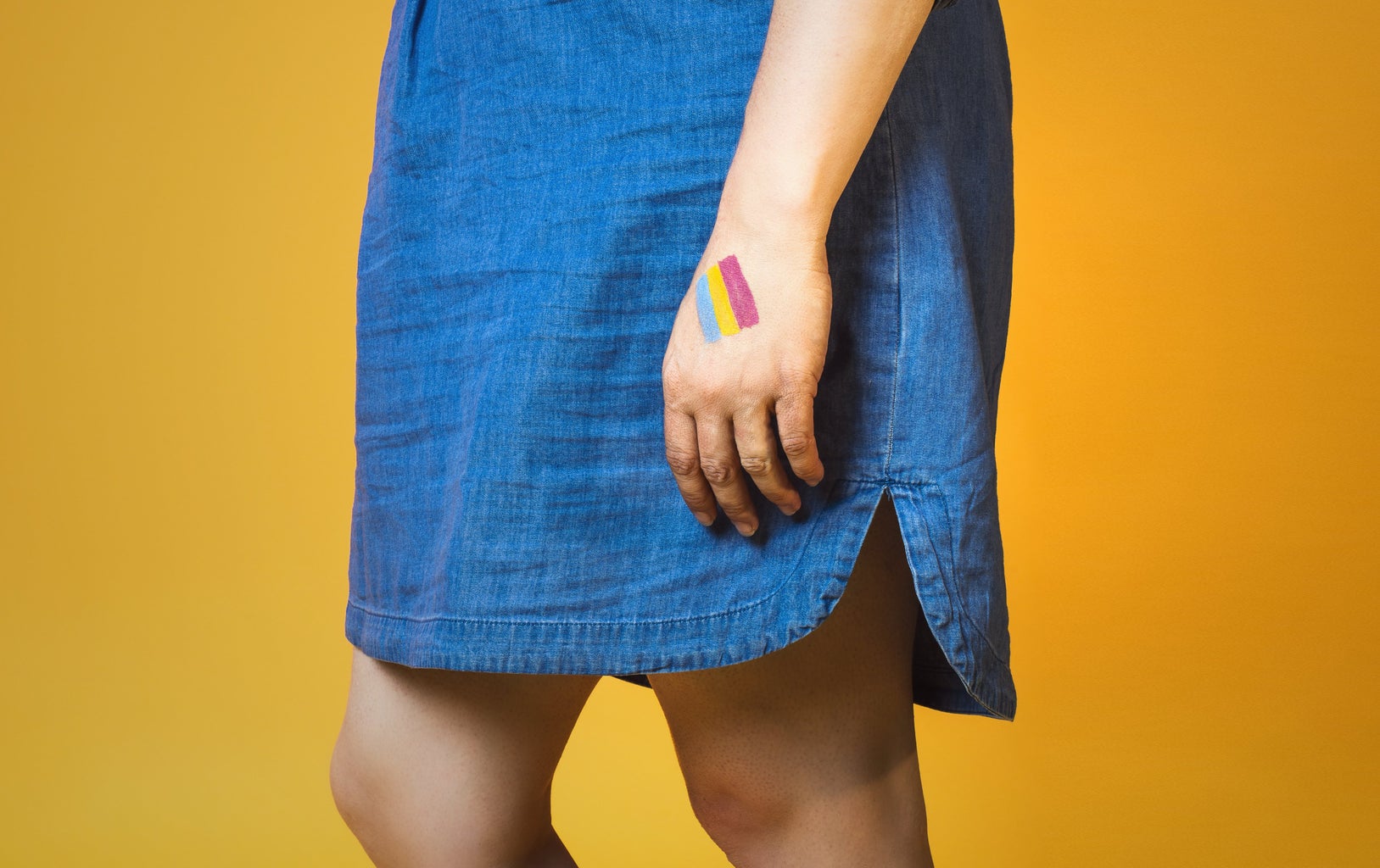 Close up of person in a dress from the waste down, with the pansexual pride flag painted on their hand.