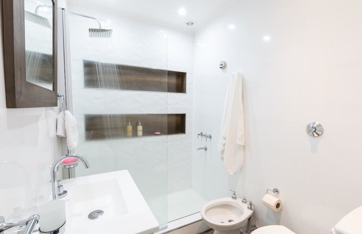 white bathroom with shower