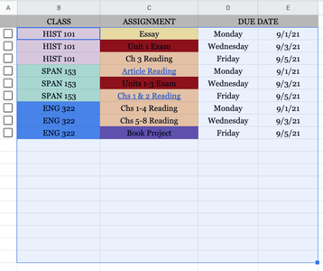 Portion of the spreadsheet making process for class assignments.