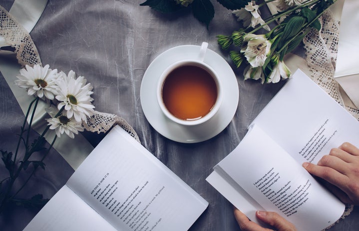 tea with flowers and books