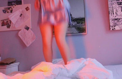 jumping bed pajamas pink light sleeping party