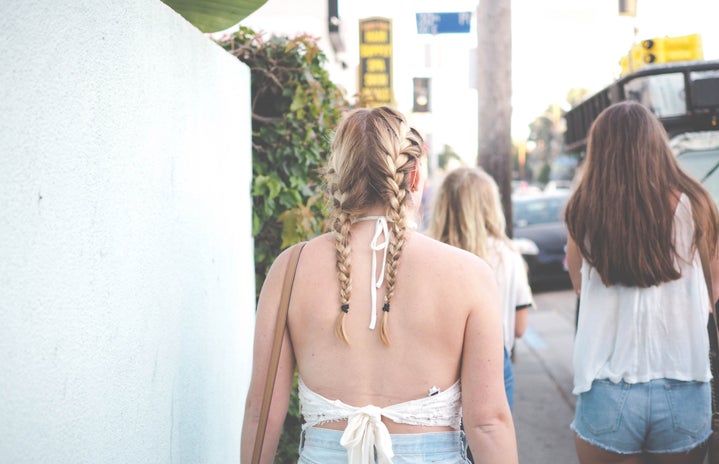 girl french braids walking friends adventure california open back venice beach