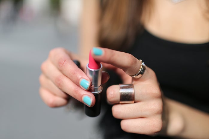 the lala pink lipstick blue nails?width=698&height=466&fit=crop&auto=webp