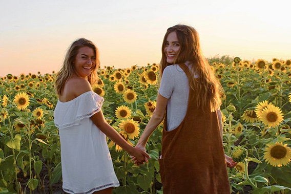 Maria Scheller-Best Friends Holding Hands Sunflower Field Dresses Summer Happy Sunset