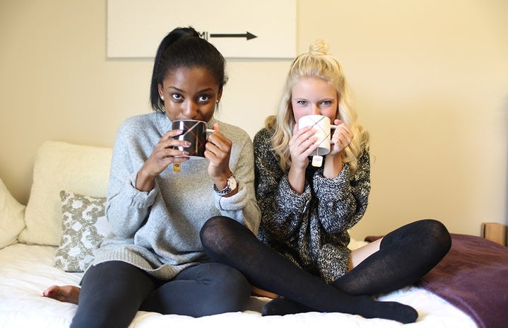 Two Girls Sipping Tea Coffee Mugs Cozy