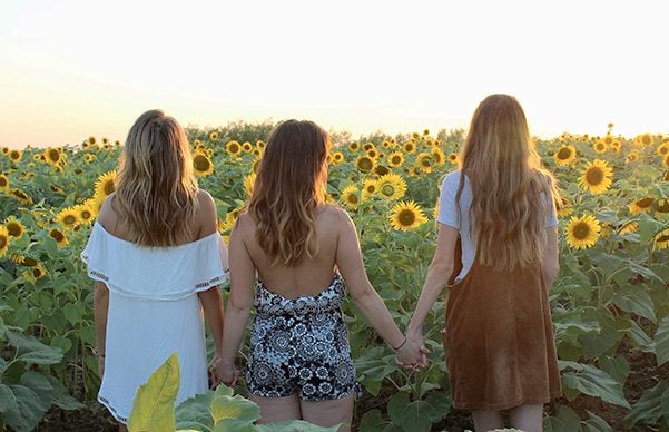 Maria Scheller-Friends Backs Hair Holding Hands Sunflowers Summer