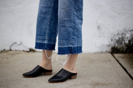 Dimi Boutselis-Frayed Jeans Fashion Shoes Denim White Wall