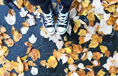 Meredith Kress-Leaves Wet Rain Nature Fall Orange Autumn Black Shoes Converse Jeans Pavement Outside Logo