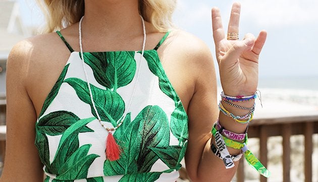 Peace Sign Crop Top Beach Bracelets Necklace Blonde Hair Torso Tropical