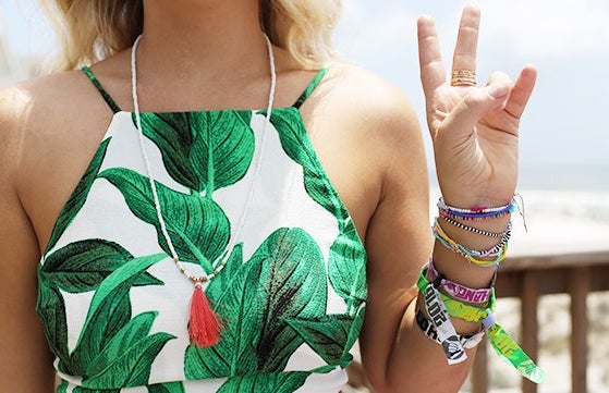 Peace Sign Crop Top Beach Bracelets Necklace Blonde Hair Torso Tropical