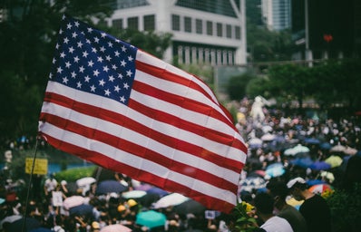 protesters waving US flags marched on Hong Kong\'s US Consulate