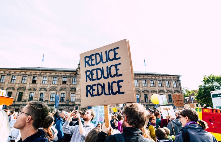 Persona holding \"reduce reduce reduce\" sign at a protest