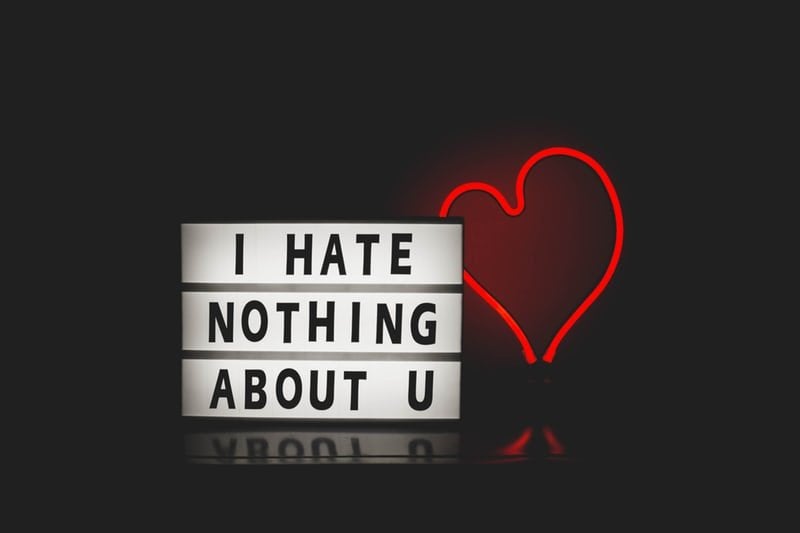 Small sign saying \"I hate nothing about u\" and a red neon heart