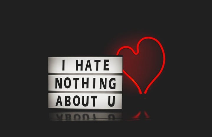 Small sign that says \"I hate nothing about u\" and a red neon heart
