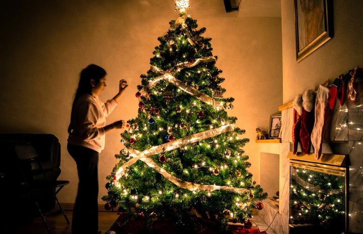 person decorating christmas tree at night
