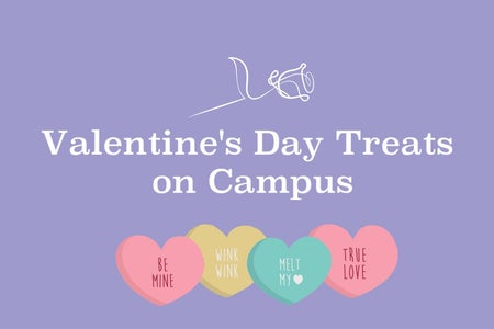 Purple background with images of candy hearts and a white rose. White text that says "Valentine's Day Treats on Campus"