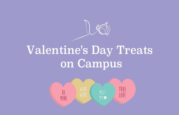 Purple background with images of candy hearts and a white rose. White text that says \"Valentine\'s Day Treats on Campus\"