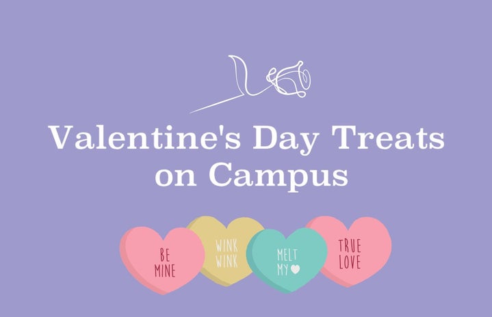 Purple background with images of candy hearts and a white rose. White text that says \"Valentine\'s Day Treats on Campus\"