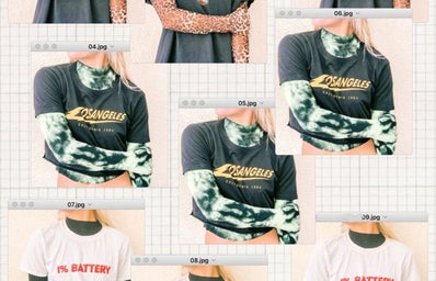 This is an image of a collage of nine photos of a girl wearing a tshirt and turtleneck.