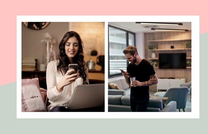 Two stock images (https://www.pexels.com/photo/woman-sitting-on-sofa-while-looking-at-phone-with-laptop-on-lap-920382/) and (https://www.pexels.com/photo/man-in-black-shirt-standing-while-holding-drinking-glass-942424/) in collage