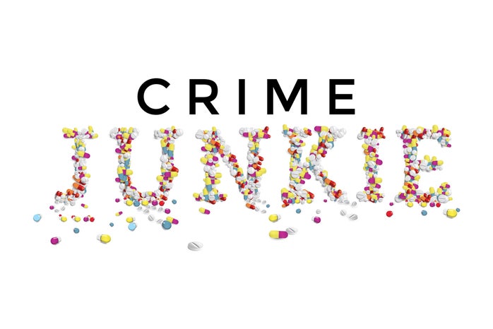 Crime is written in black. Junkie is written in colorful dots.