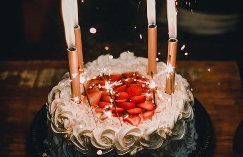 lighted candles on birthday cake