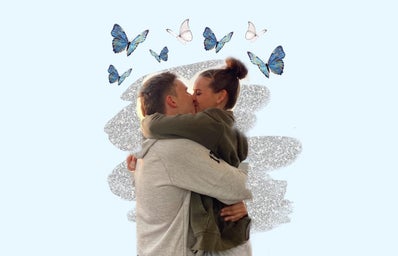 Couple kissing with butterflies