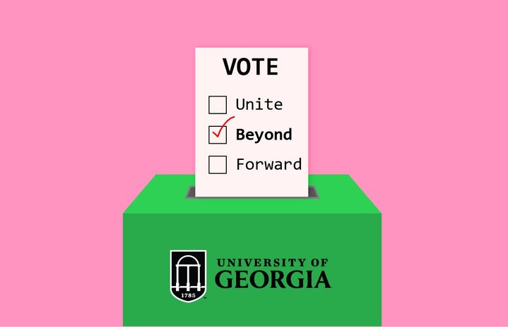 Graphic of a voting ballot for UGA. Beyond is checked.