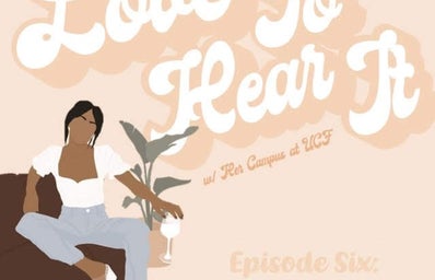 Love To Hear It podcast graphic of girl on couch