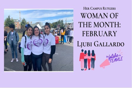 Photo of three women at a campus fair included in a graphic for the Rutgers chapter's February woman of the month article that was created by the writer.