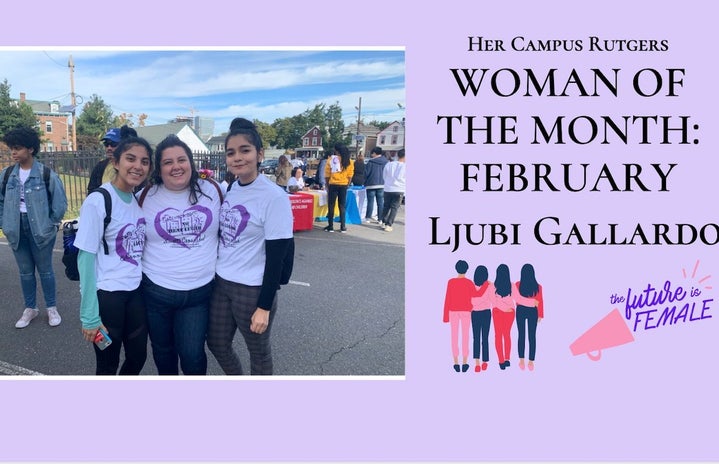 Photo of three women at a campus fair included in a graphic for the Rutgers chapter\'s February woman of the month article that was created by the writer.