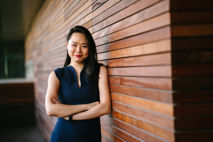 woman posing in business casual dress