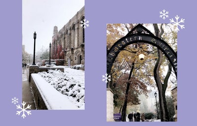 Photos of winter at Northwestern with purple background and white snowflakes