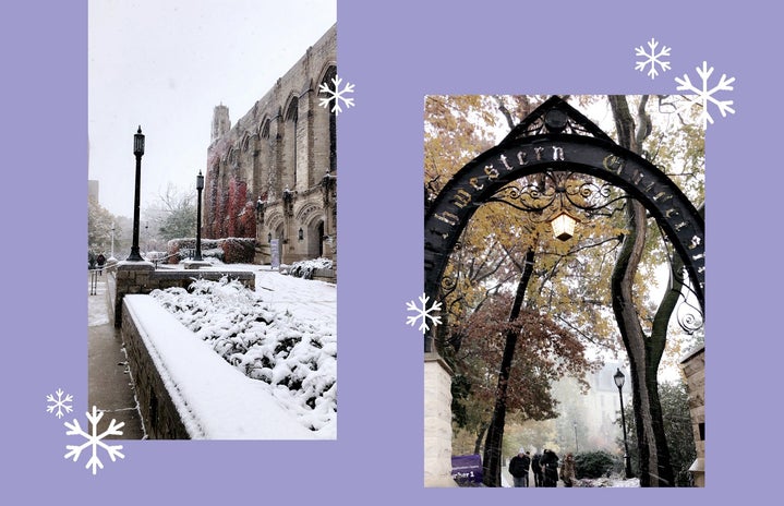 Photos of winter at Northwestern with purple background and white snowflakes